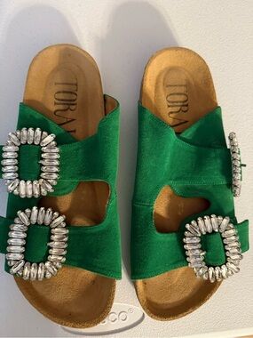 TORAL Flat Sandal Green Embellished Buckle size 7 1/2 Suede Slip On Spain $375
